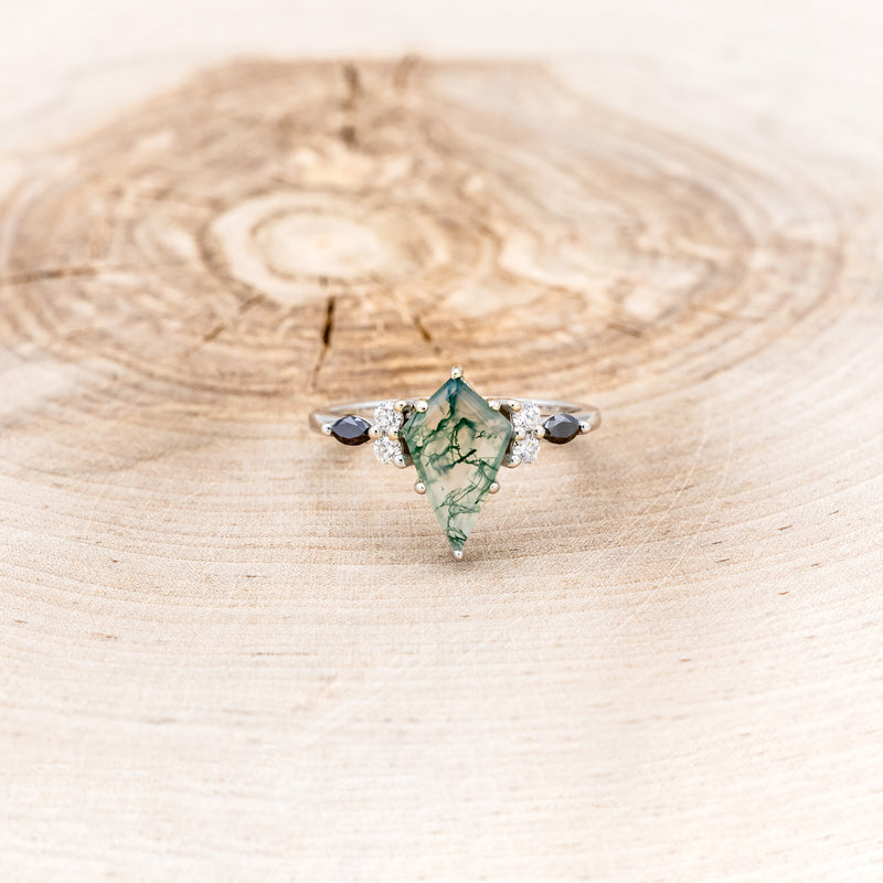 "SAGE" - KITE CUT MOSS AGATE ENGAGEMENT RING WITH BLACK DIAMOND ACCENTS & DIAMOND TRACER