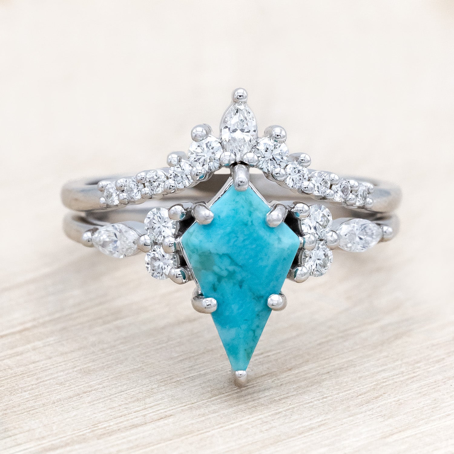 "Sage" - kite-cut stabilized turquoise women's engagement ring with diamond accents & tracer