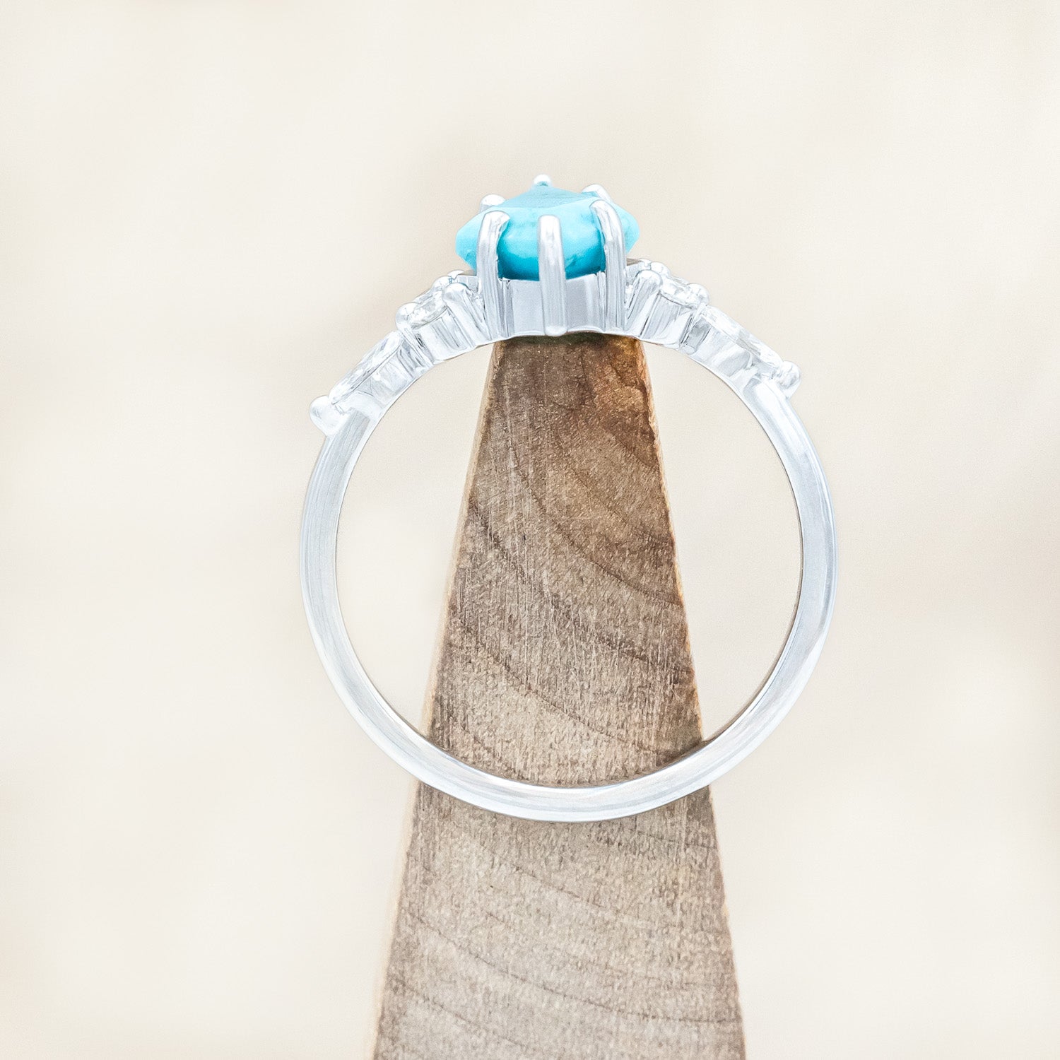 Top view of "Sage" - kite-cut stabilized turquoise women's engagement ring with diamond accents