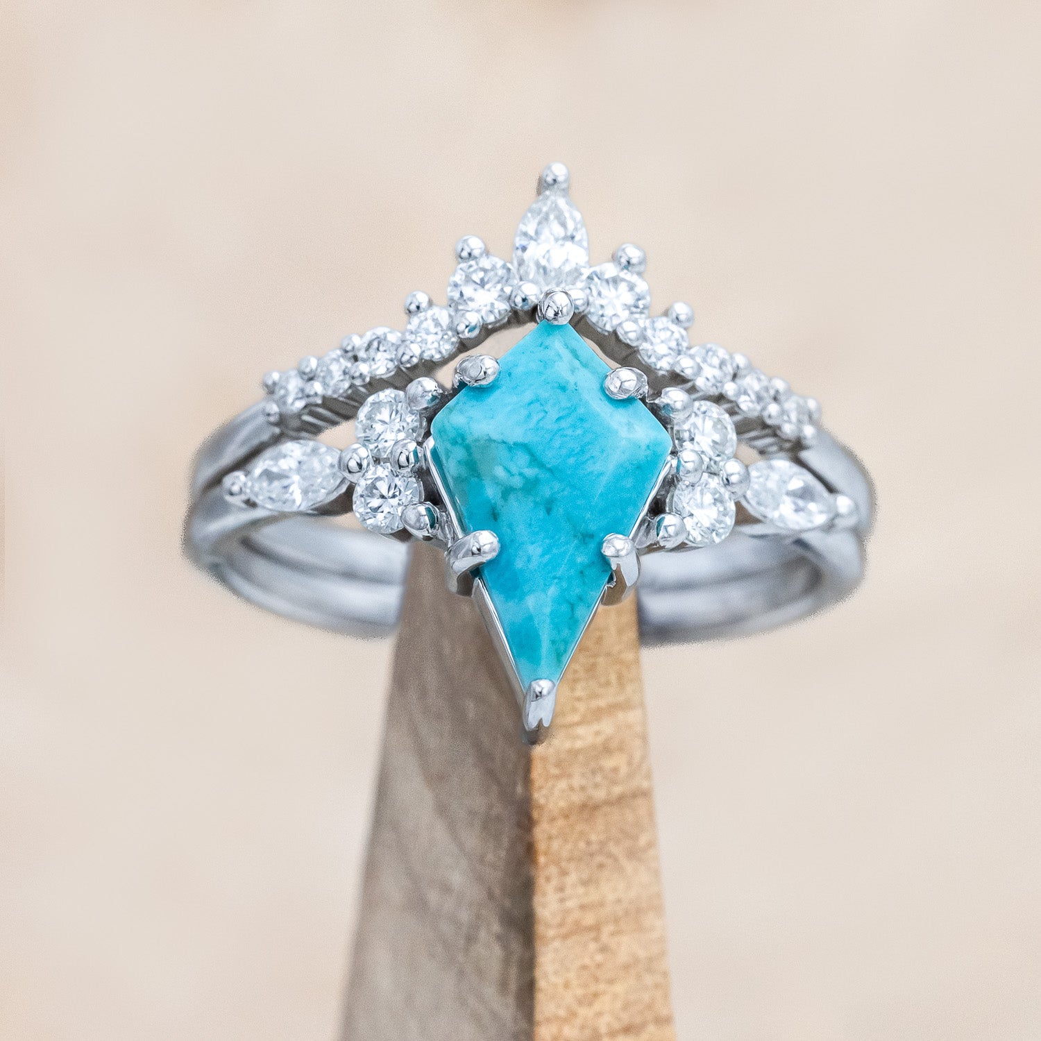 "Sage" - kite-cut stabilized turquoise women's engagement ring with diamond accents & tracer