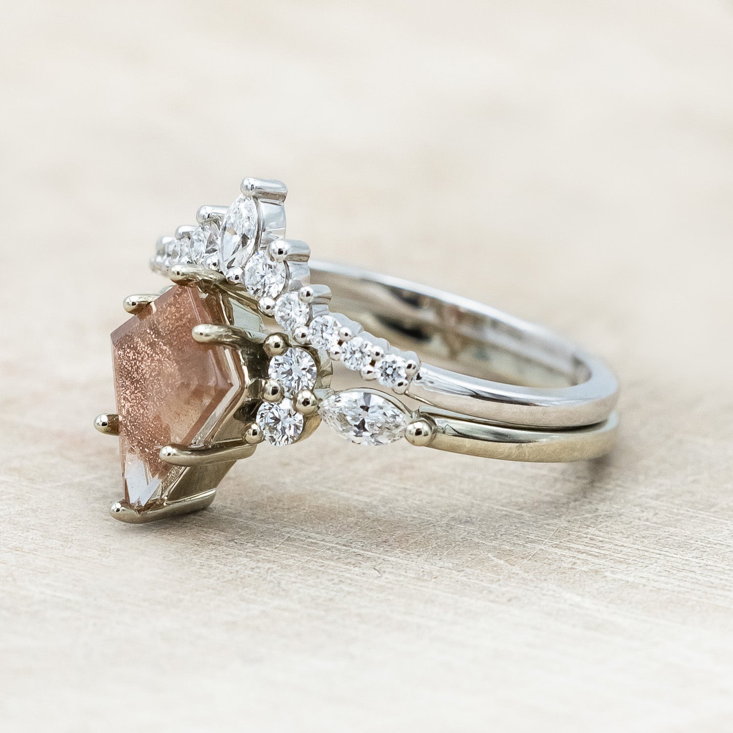 ONE-OF-A-KIND - "SAGE" - KITE CUT OREGON SUNSTONE ENGAGEMENT RING WITH DIAMOND ACCENTS & TRACER-Staghead Designs