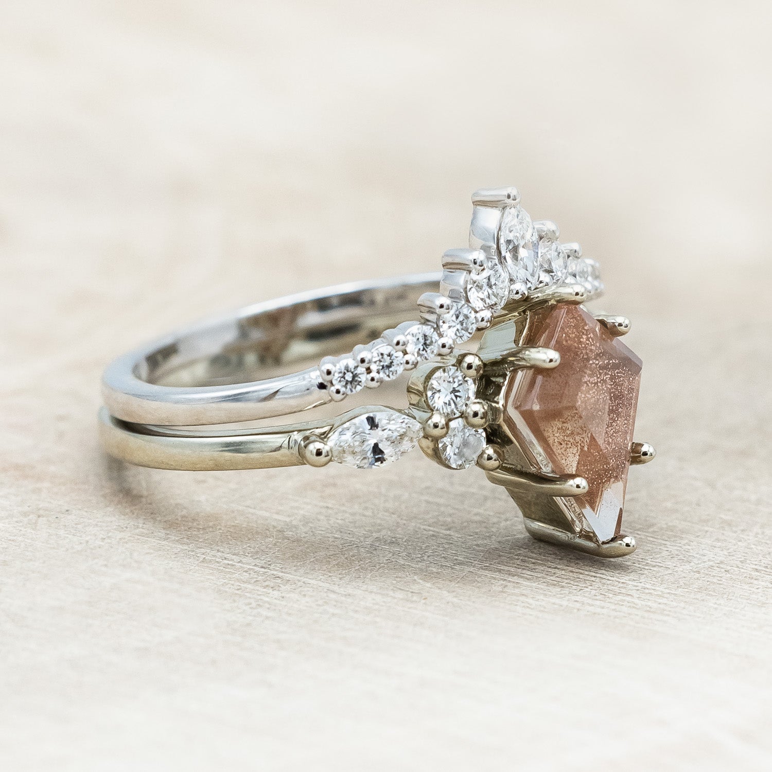 ONE-OF-A-KIND - "SAGE" - KITE CUT OREGON SUNSTONE ENGAGEMENT RING WITH DIAMOND ACCENTS & TRACER-Staghead Designs
