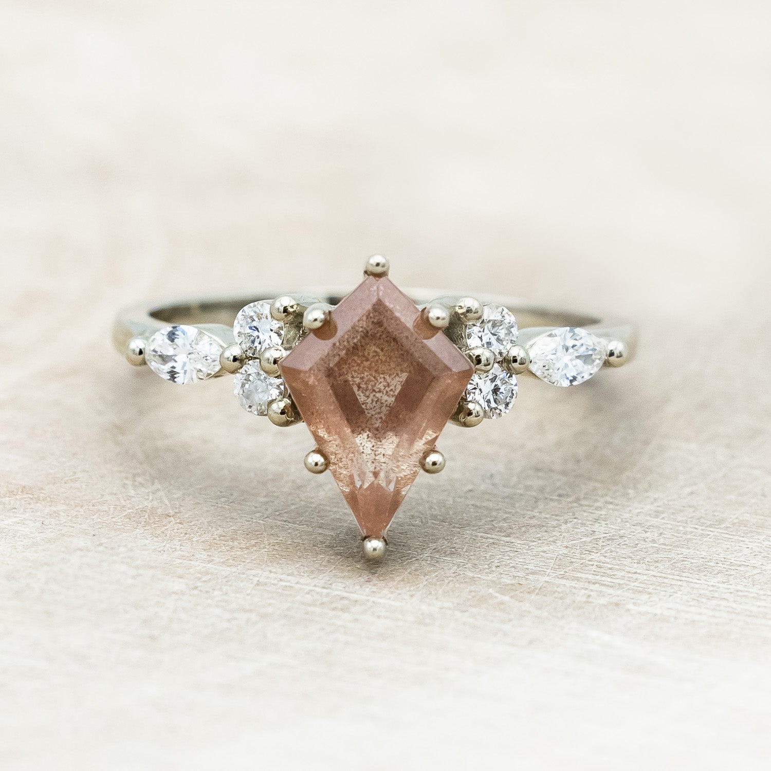 ONE-OF-A-KIND - "SAGE" - KITE CUT OREGON SUNSTONE ENGAGEMENT RING WITH DIAMOND ACCENTS & TRACER-Staghead Designs