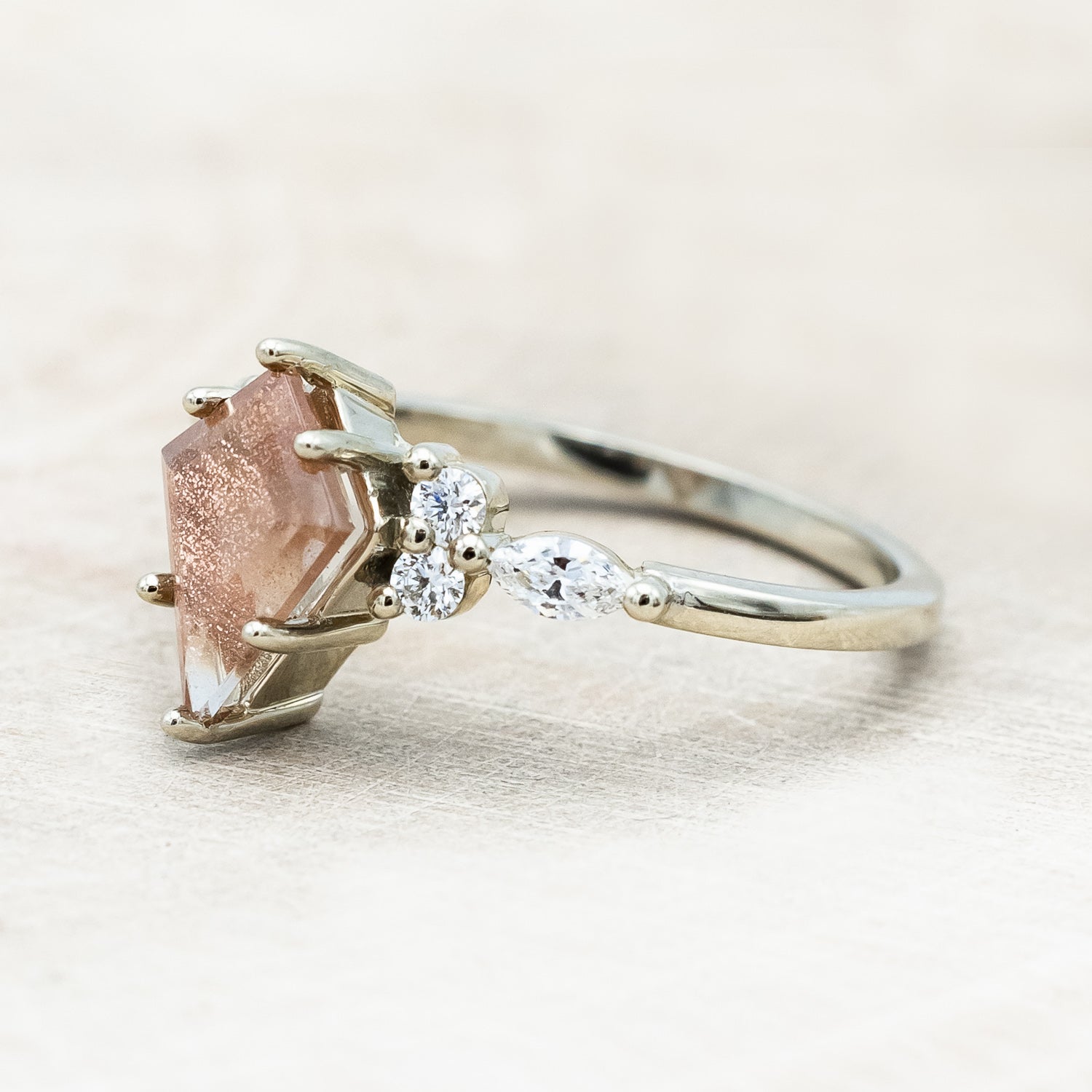 ONE-OF-A-KIND - "SAGE" - KITE CUT OREGON SUNSTONE ENGAGEMENT RING WITH DIAMOND ACCENTS & TRACER-Staghead Designs