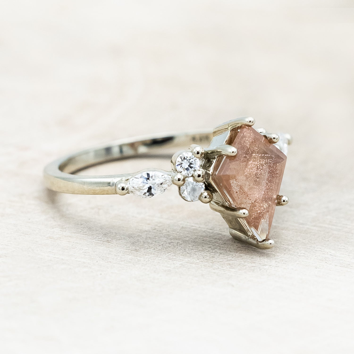 ONE-OF-A-KIND - "SAGE" - KITE CUT OREGON SUNSTONE ENGAGEMENT RING WITH DIAMOND ACCENTS & TRACER-Staghead Designs