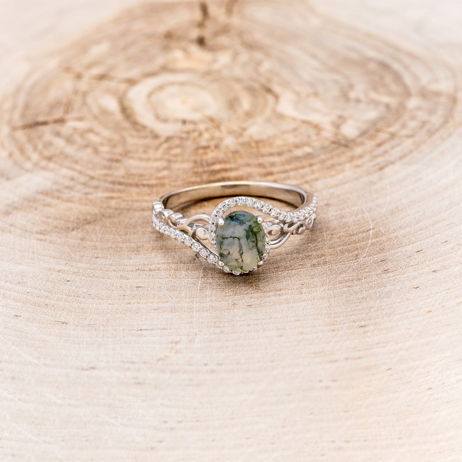 "SCARLET" - OVAL-SHAPED MOSS AGATE ENGAGEMENT RING WITH DIAMOND ACCENTS-4