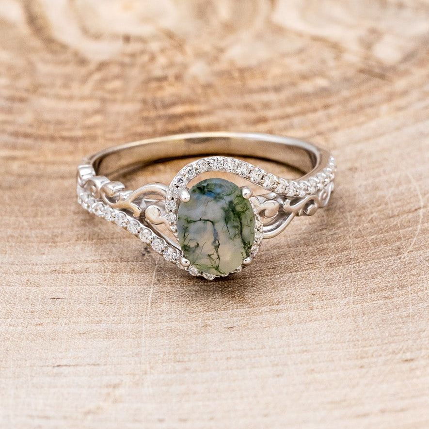 "SCARLET" - OVAL-SHAPED MOSS AGATE ENGAGEMENT RING WITH DIAMOND ACCENTS-4