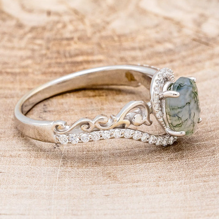 "SCARLET" - OVAL-SHAPED MOSS AGATE ENGAGEMENT RING WITH DIAMOND ACCENTS-2