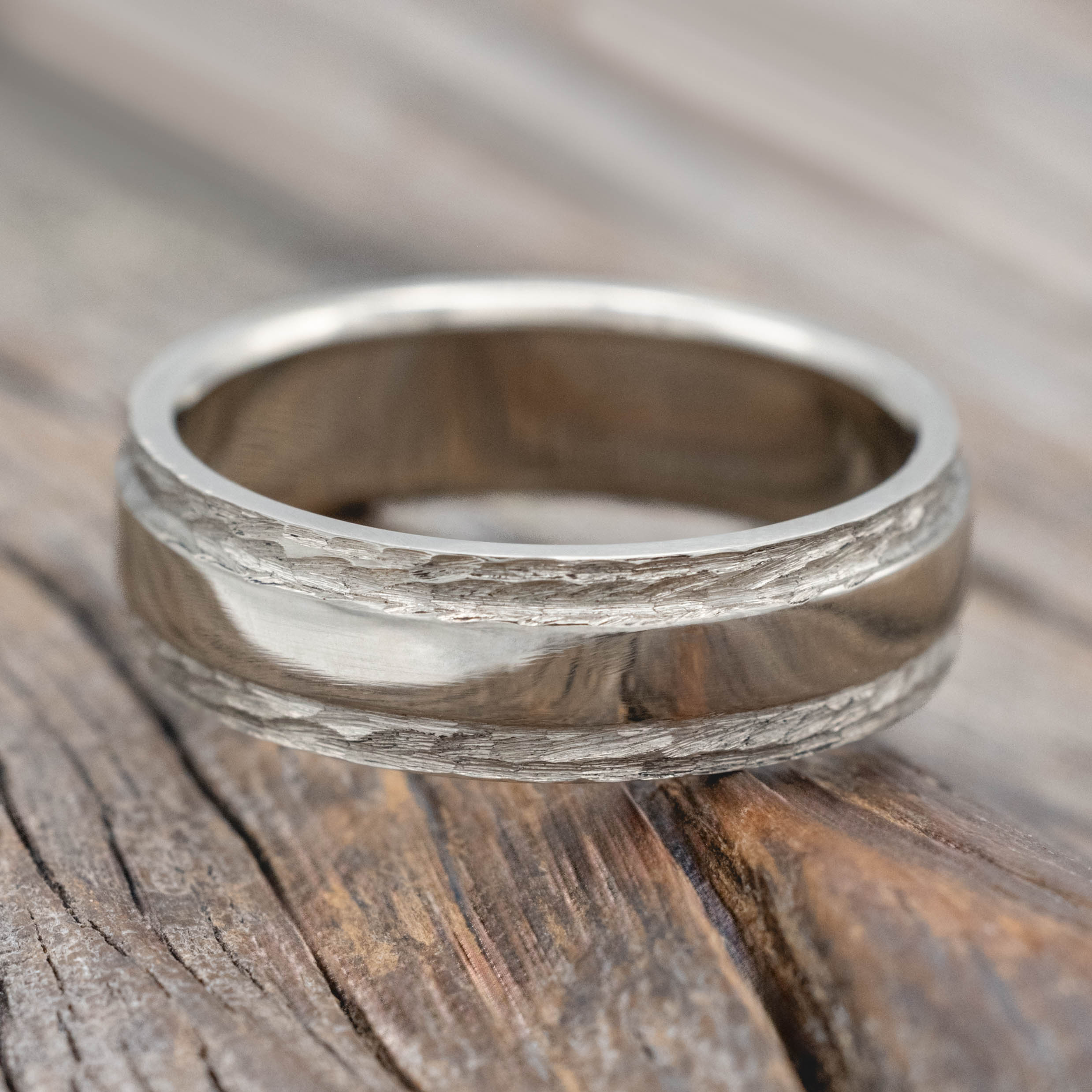 "SEDONA" - RAISED CENTER & HAMMERED EDGES WEDDING RING-Staghead Designs
