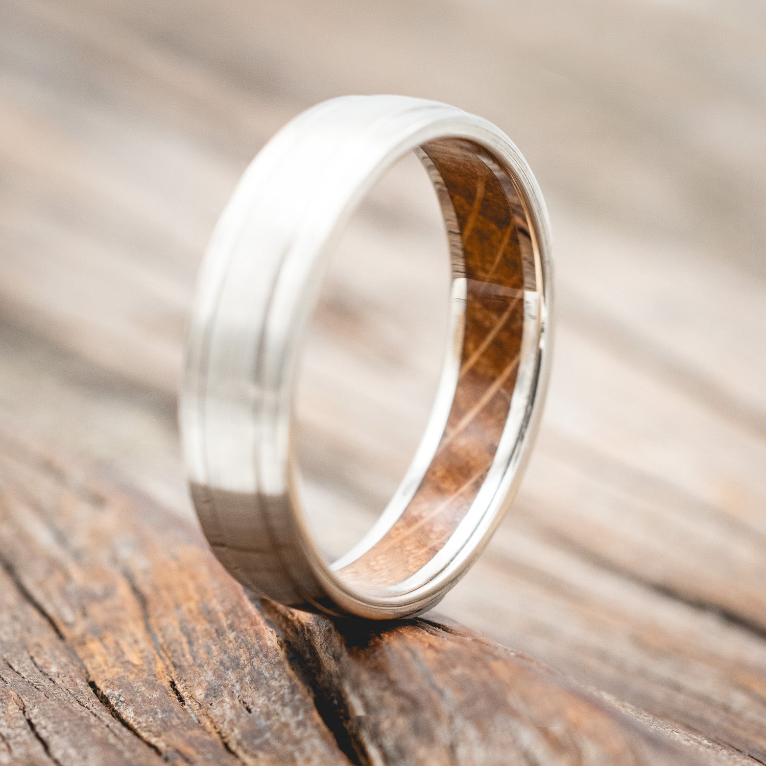 "SEDONA" - WHISKEY BARREL LINED WEDDING RING WITH A BRUSHED FINISH-Staghead Designs