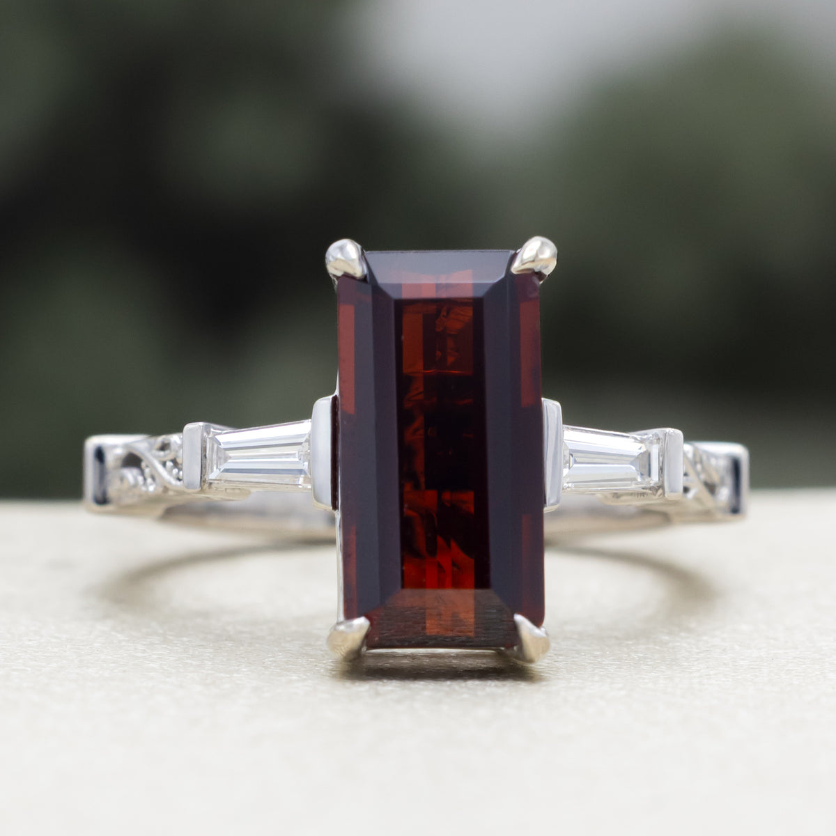 "Selena" - Emerald Cut Mozambique Garnet Engagement Ring With Diamond Accents