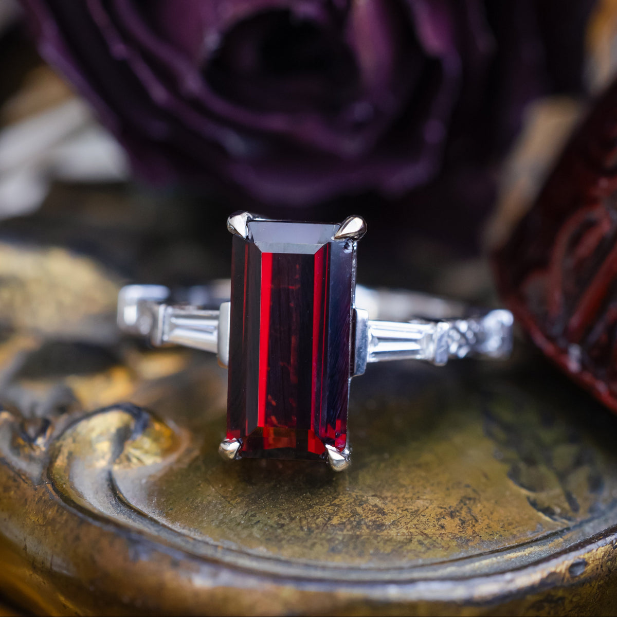 "Selena" - Emerald Cut Mozambique Garnet Engagement Ring With Diamond Accents