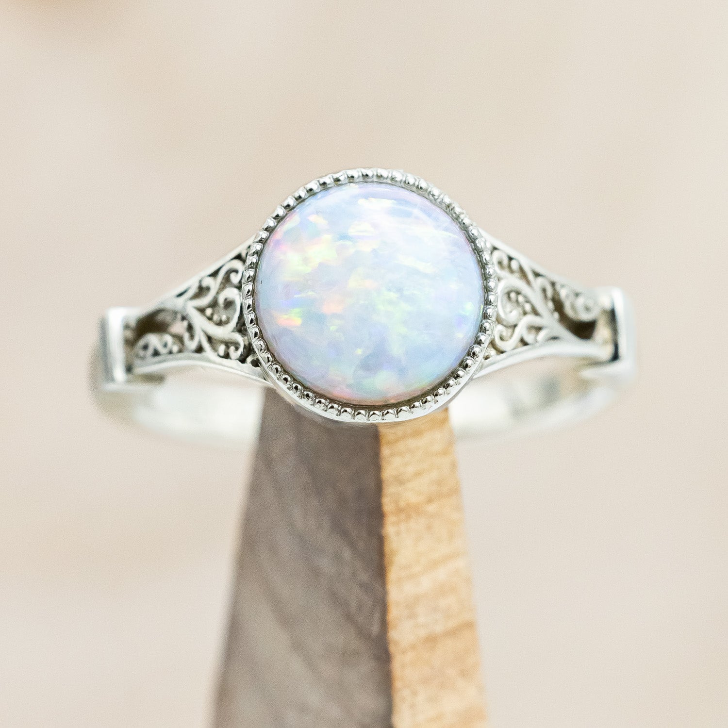 "Selene"  - Australian opal women's engagement ring with crescent moon engravings in 14K white gold