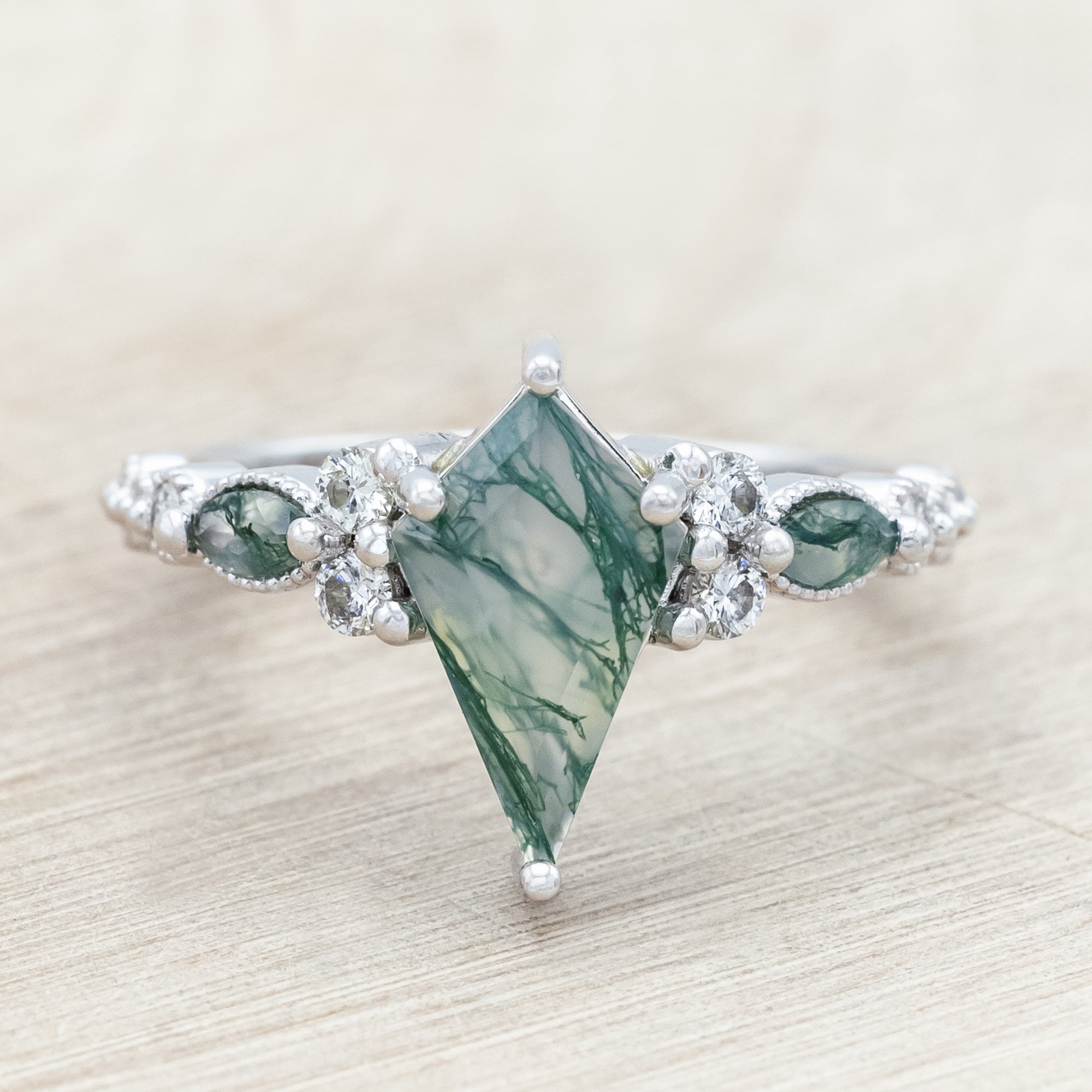 "SHIMMERING SAGE" - BRIDAL SUITE - KITE CUT MOSS AGATE ENGAGEMENT RING WITH MARQUISE MOSS AGATE ACCENTS & A DIAMOND TRACER-Staghead Designs