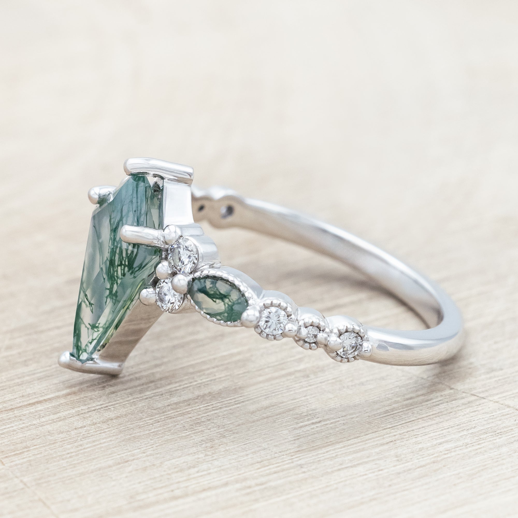 "SHIMMERING SAGE" - BRIDAL SUITE - KITE CUT MOSS AGATE ENGAGEMENT RING WITH MARQUISE MOSS AGATE ACCENTS & A DIAMOND TRACER-Staghead Designs