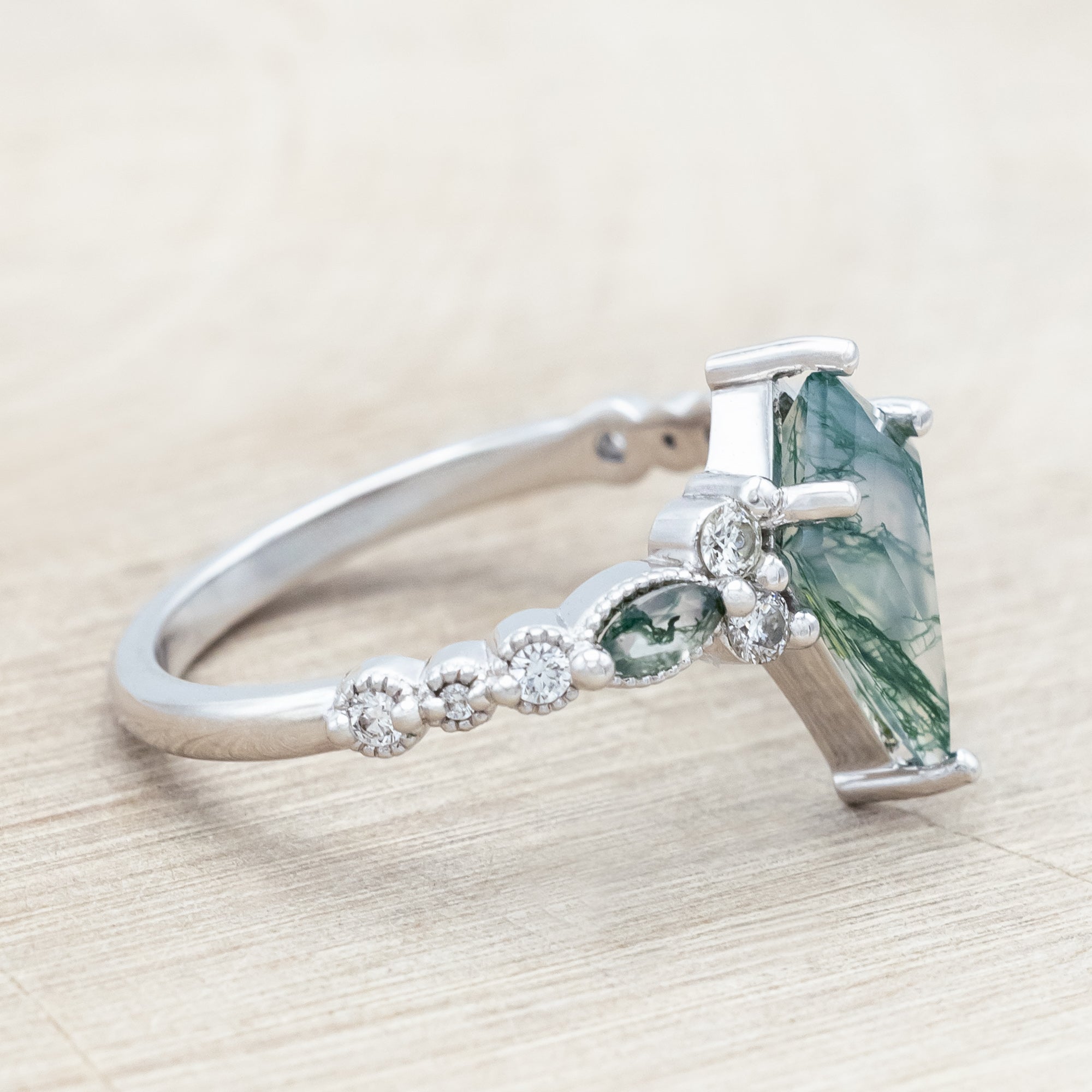 "SHIMMERING SAGE" - BRIDAL SUITE - KITE CUT MOSS AGATE ENGAGEMENT RING WITH MARQUISE MOSS AGATE ACCENTS & A DIAMOND TRACER-Staghead Designs