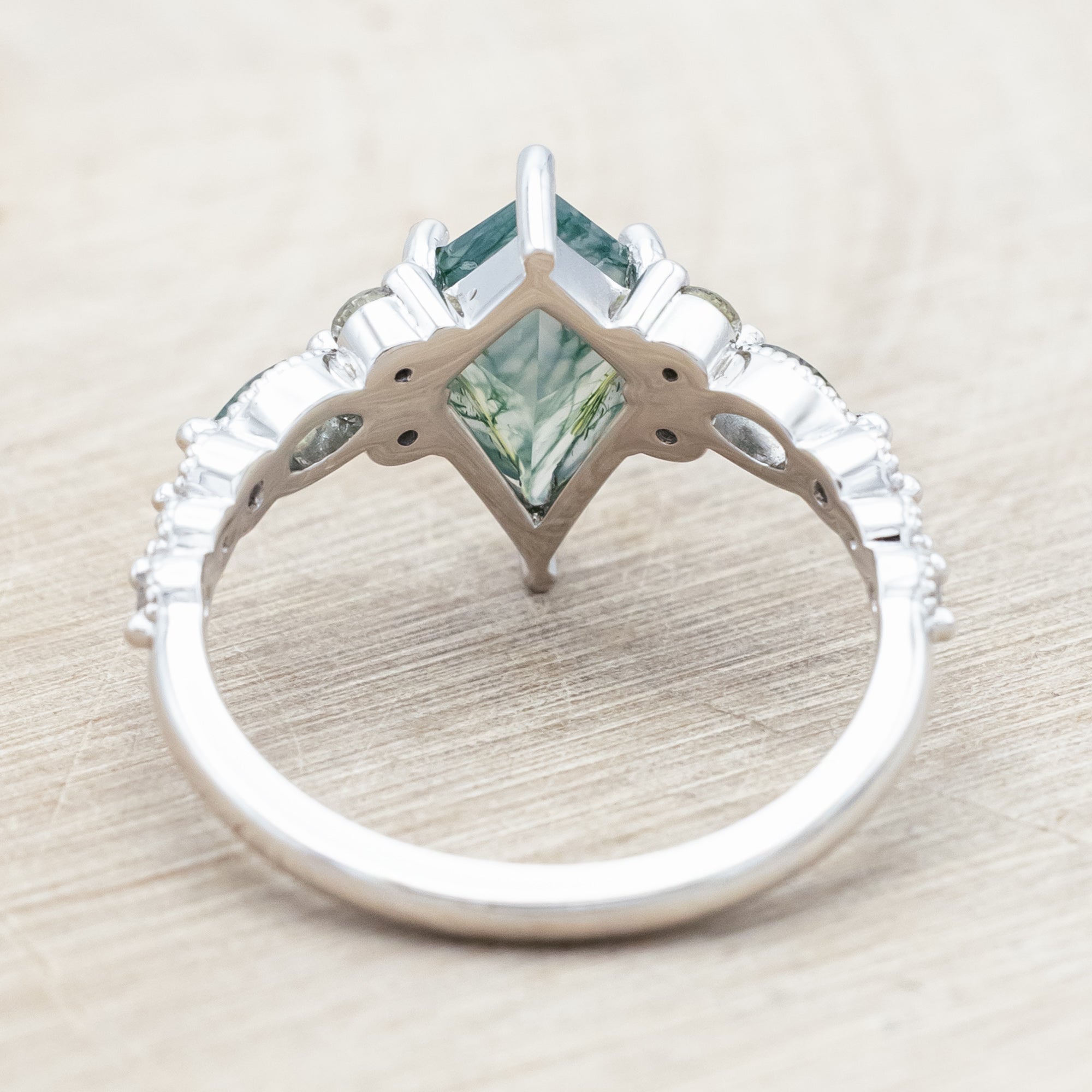 "SHIMMERING SAGE" - BRIDAL SUITE - KITE CUT MOSS AGATE ENGAGEMENT RING WITH MARQUISE MOSS AGATE ACCENTS & A DIAMOND TRACER-Staghead Designs