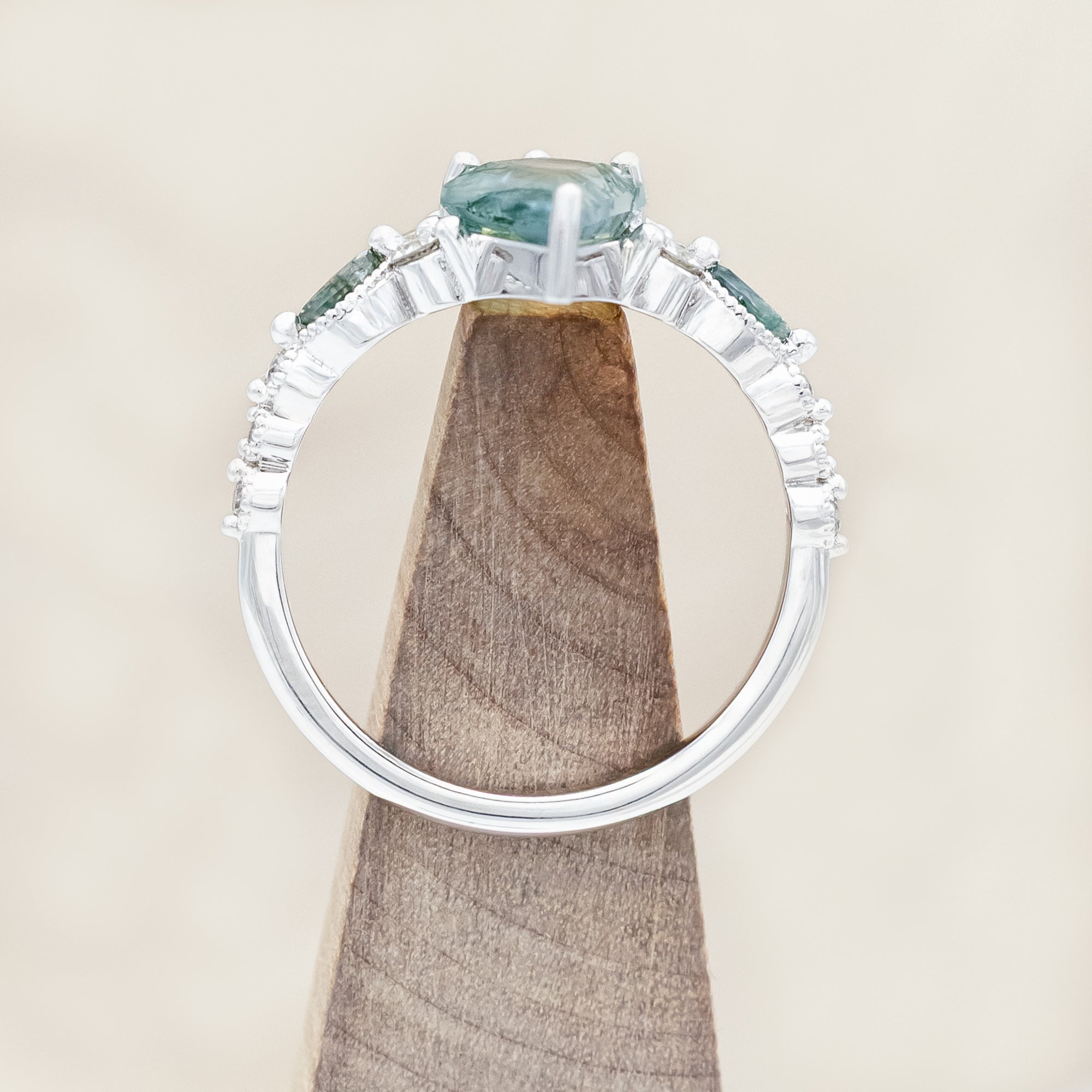"SHIMMERING SAGE" - BRIDAL SUITE - KITE CUT MOSS AGATE ENGAGEMENT RING WITH MARQUISE MOSS AGATE ACCENTS & A DIAMOND TRACER-Staghead Designs