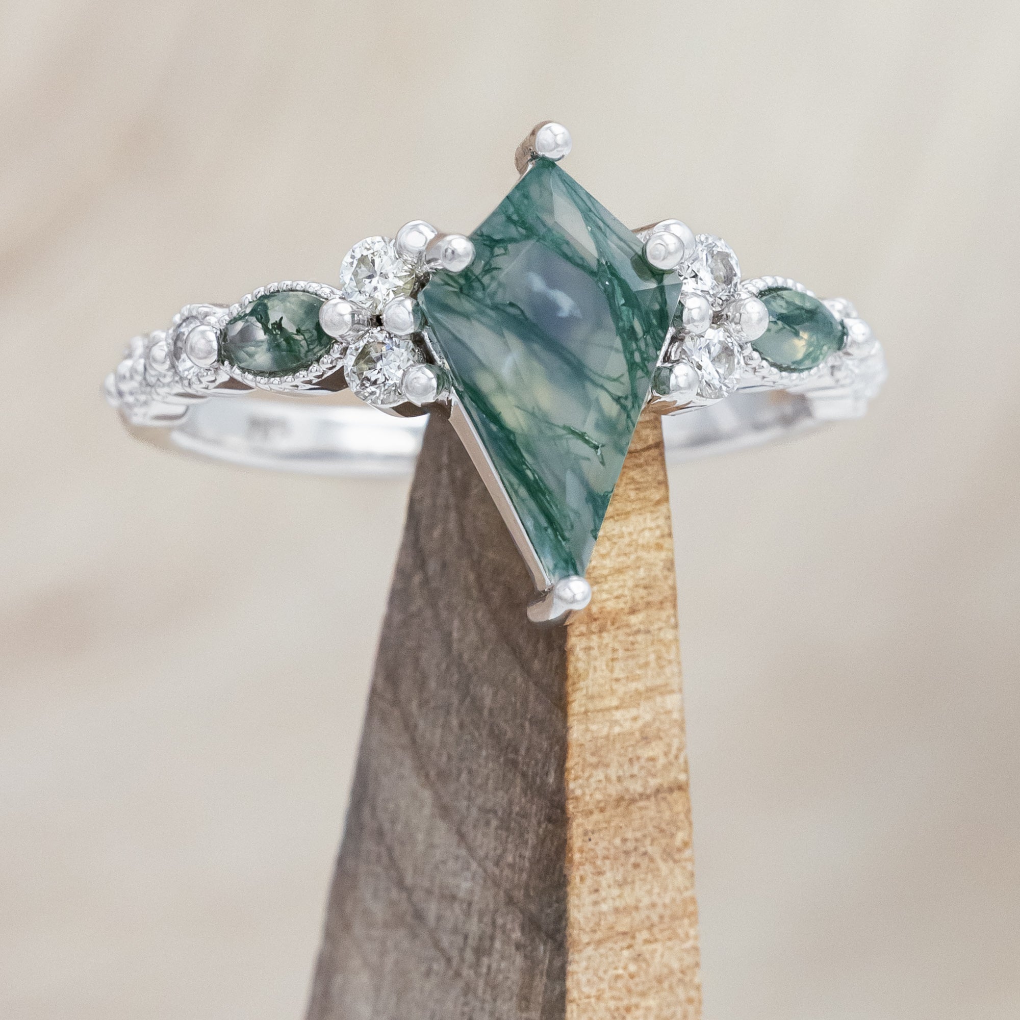 "SHIMMERING SAGE" - BRIDAL SUITE - KITE CUT MOSS AGATE ENGAGEMENT RING WITH MARQUISE MOSS AGATE ACCENTS & A DIAMOND TRACER-Staghead Designs