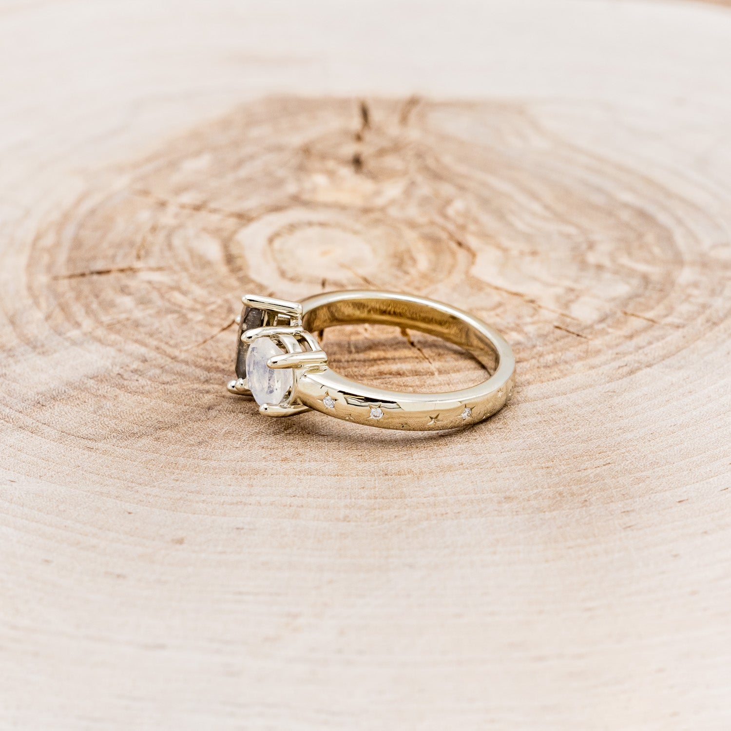 "SIDRA" - TOI ET MOI ROUND MOONSTONE ENGAGEMENT RING WITH A CRESCENT MOON SALT & PEPPER DIAMOND ACCENT & TRACER-9