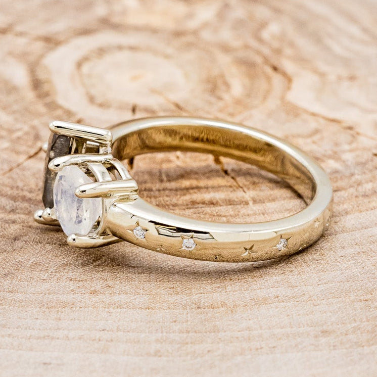 "SIDRA" - TOI ET MOI ROUND MOONSTONE ENGAGEMENT RING WITH A CRESCENT MOON SALT & PEPPER DIAMOND ACCENT & TRACER-9