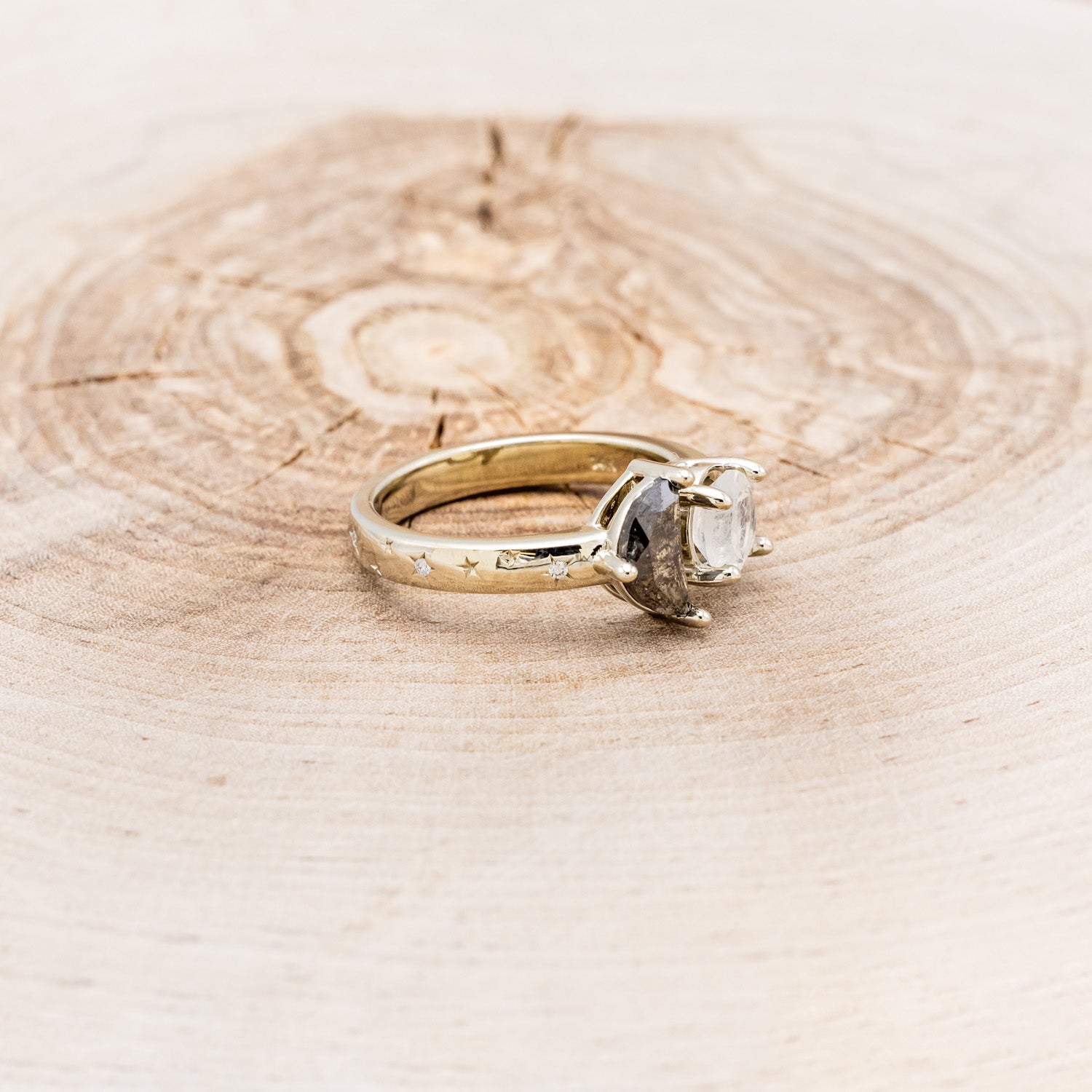 "SIDRA" - TOI ET MOI ROUND MOONSTONE ENGAGEMENT RING WITH A CRESCENT MOON SALT & PEPPER DIAMOND ACCENT & TRACER-8