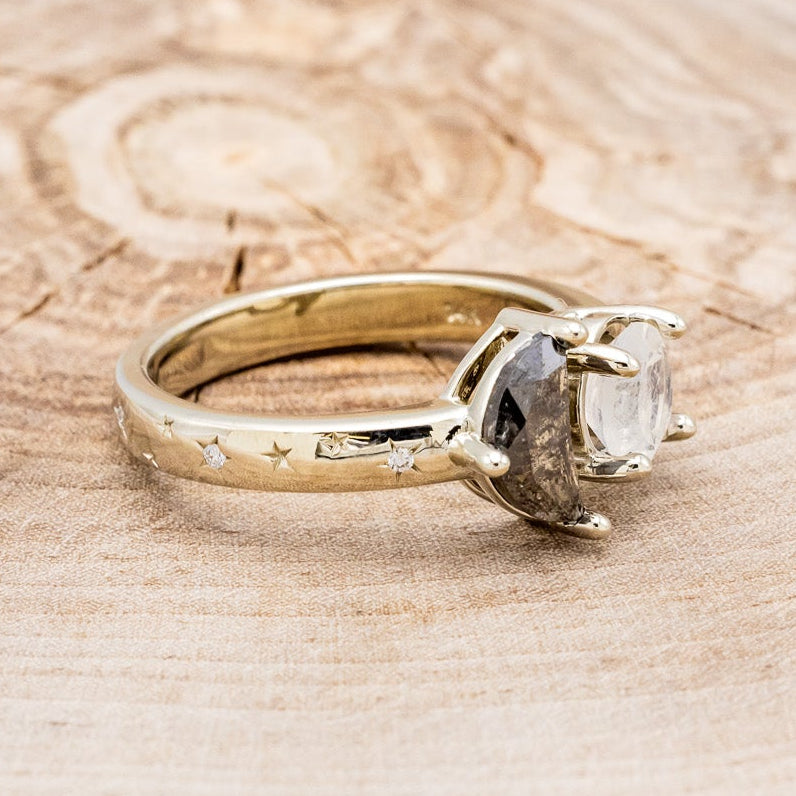 "SIDRA" - TOI ET MOI ROUND MOONSTONE ENGAGEMENT RING WITH A CRESCENT MOON SALT & PEPPER DIAMOND ACCENT & TRACER-8