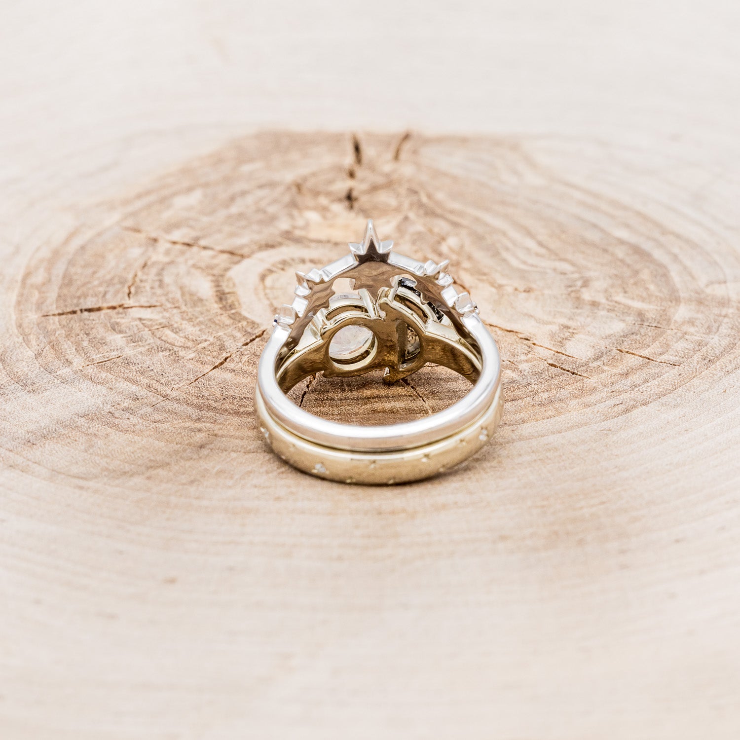 "SIDRA" - TOI ET MOI ROUND MOONSTONE ENGAGEMENT RING WITH A CRESCENT MOON SALT & PEPPER DIAMOND ACCENT & TRACER-5