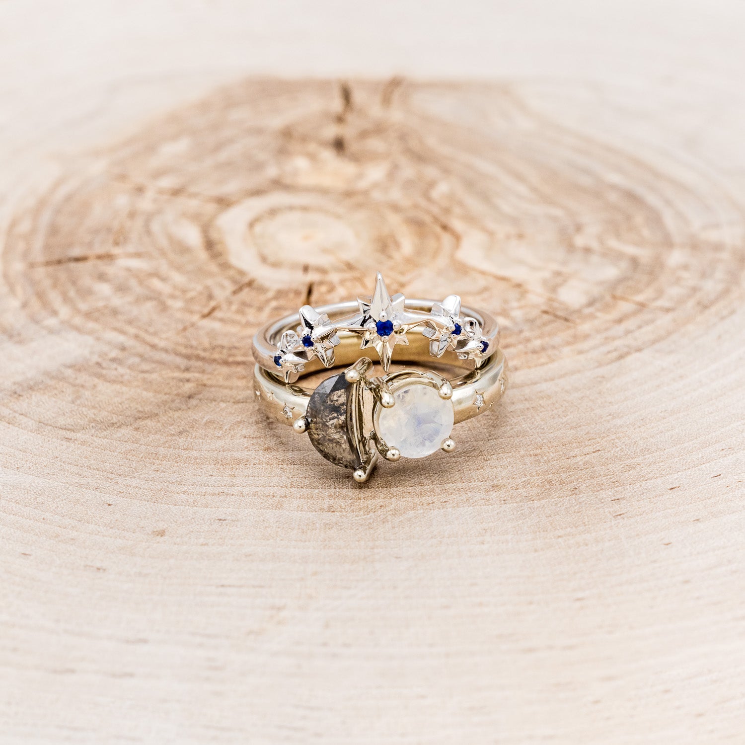 "SIDRA" - TOI ET MOI ROUND MOONSTONE ENGAGEMENT RING WITH A CRESCENT MOON SALT & PEPPER DIAMOND ACCENT & TRACER-4