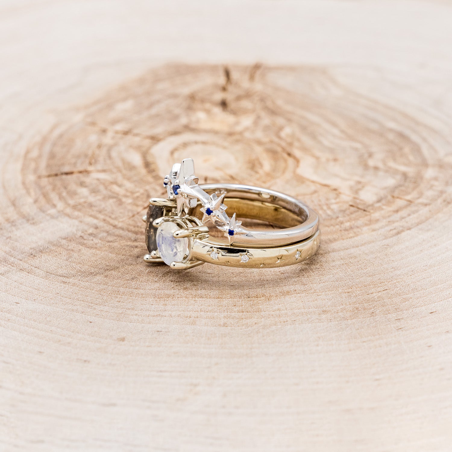 "SIDRA" - TOI ET MOI ROUND MOONSTONE ENGAGEMENT RING WITH A CRESCENT MOON SALT & PEPPER DIAMOND ACCENT & TRACER-3