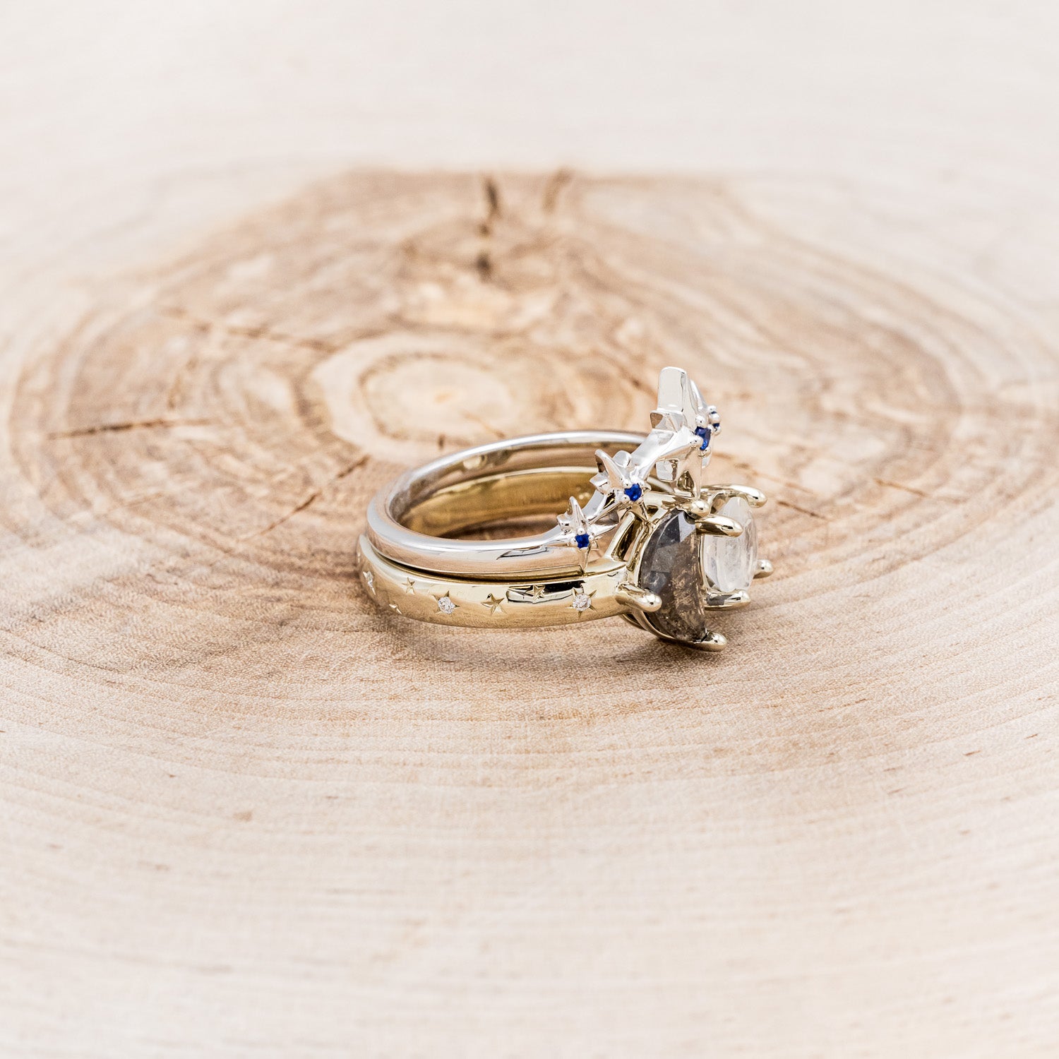 "SIDRA" - TOI ET MOI ROUND MOONSTONE ENGAGEMENT RING WITH A CRESCENT MOON SALT & PEPPER DIAMOND ACCENT & TRACER-2
