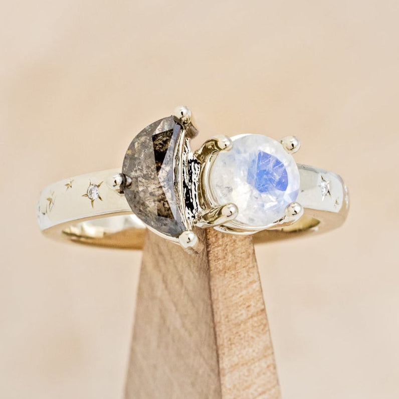 "SIDRA" - TOI ET MOI ROUND MOONSTONE ENGAGEMENT RING WITH A CRESCENT MOON SALT & PEPPER DIAMOND ACCENT & TRACER-7