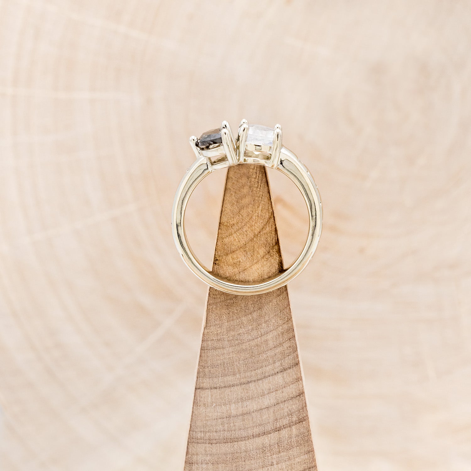 "SIDRA" - TOI ET MOI ROUND MOONSTONE ENGAGEMENT RING WITH A CRESCENT MOON SALT & PEPPER DIAMOND ACCENT & TRACER-12