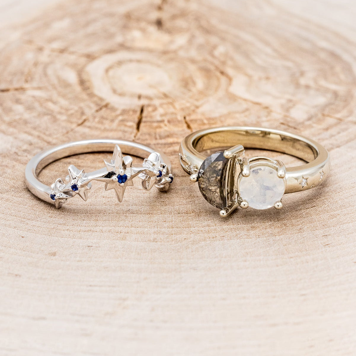 "SIDRA" - TOI ET MOI ROUND MOONSTONE ENGAGEMENT RING WITH A CRESCENT MOON SALT & PEPPER DIAMOND ACCENT & TRACER-6