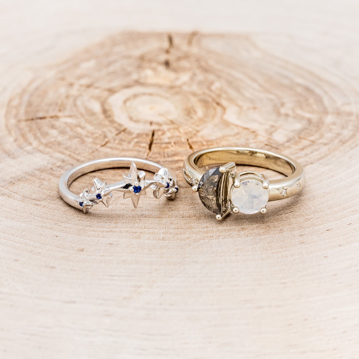 "SIDRA" - TOI ET MOI ROUND MOONSTONE ENGAGEMENT RING WITH A CRESCENT MOON SALT & PEPPER DIAMOND ACCENT & TRACER-6