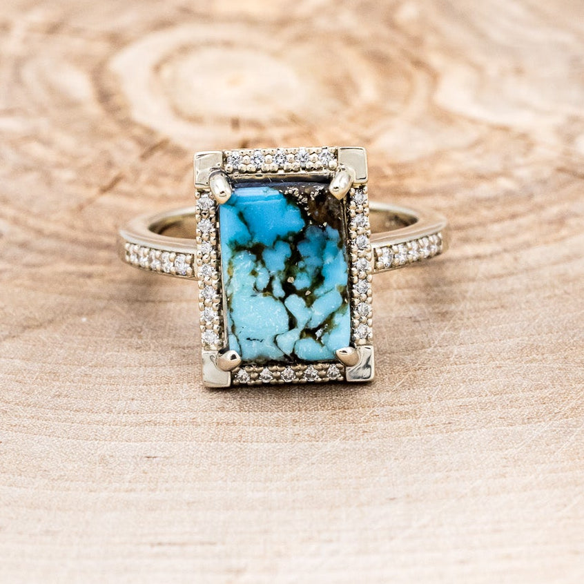 "SIENNA" - EMERALD CUT TURQUOISE ENGAGEMENT RING WITH DIAMOND HALO & ACCENTS-10