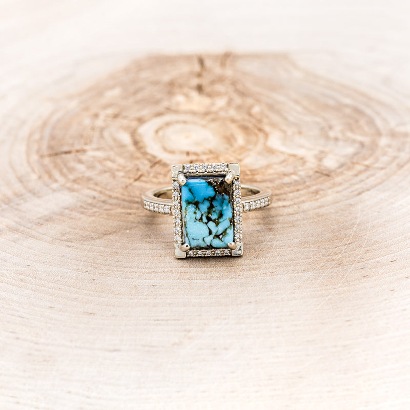 "SIENNA" - EMERALD CUT TURQUOISE ENGAGEMENT RING WITH DIAMOND HALO & ACCENTS-10