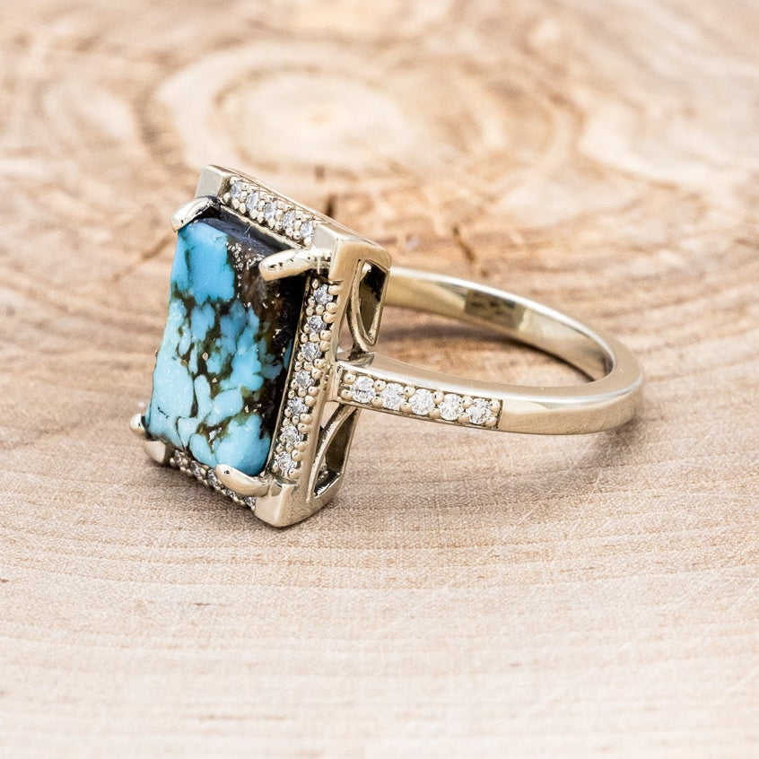 "SIENNA" - EMERALD CUT TURQUOISE ENGAGEMENT RING WITH DIAMOND HALO & ACCENTS-9