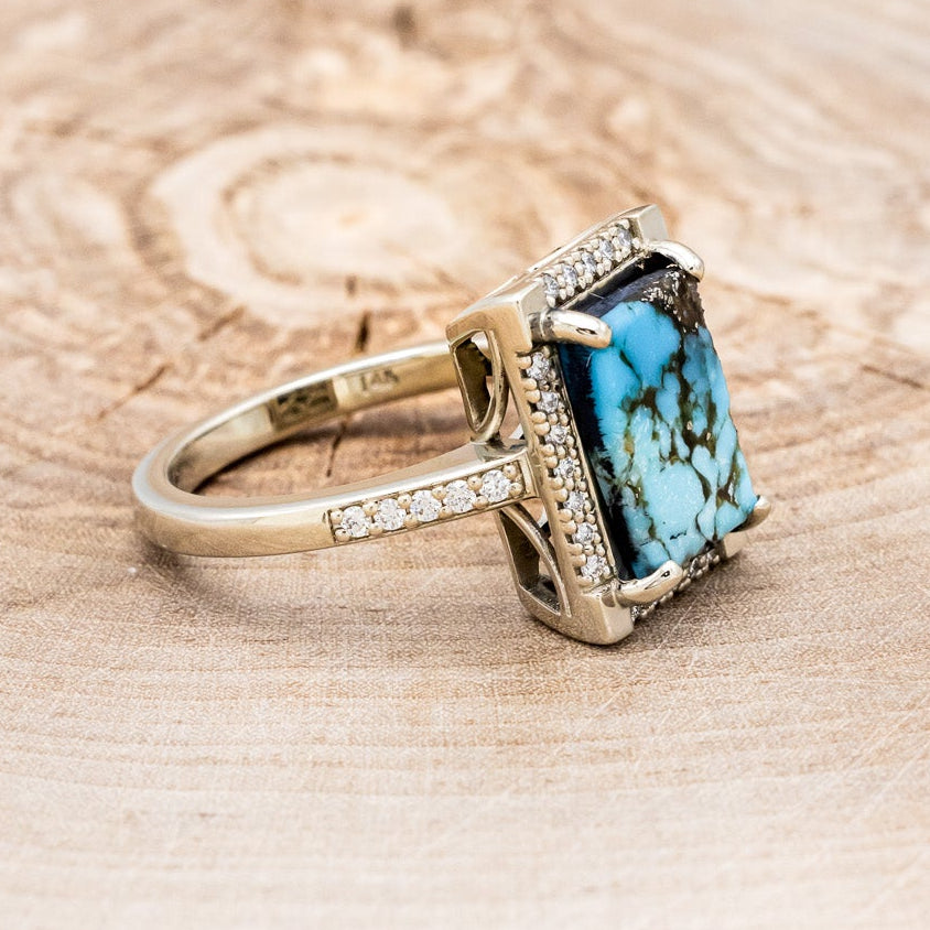 "SIENNA" - EMERALD CUT TURQUOISE ENGAGEMENT RING WITH DIAMOND HALO & ACCENTS-8