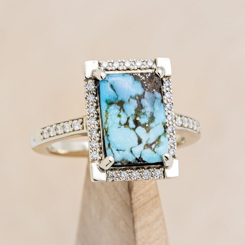 "SIENNA" - EMERALD CUT TURQUOISE ENGAGEMENT RING WITH DIAMOND HALO & ACCENTS-7