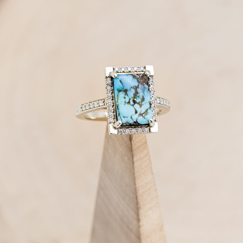 "SIENNA" - EMERALD CUT TURQUOISE ENGAGEMENT RING WITH DIAMOND HALO & ACCENTS-7