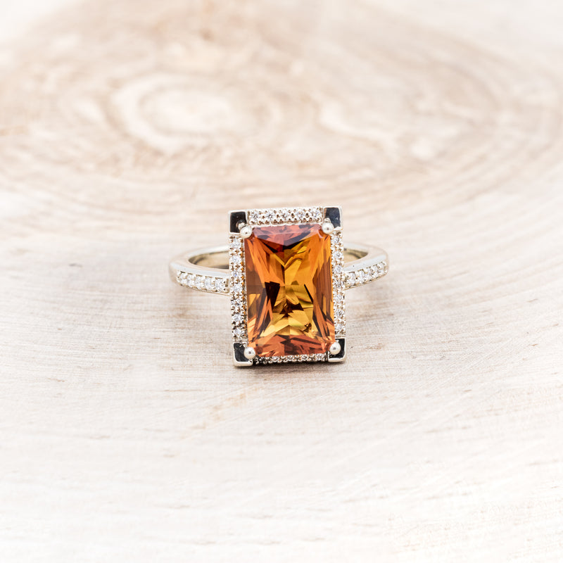 "SIENNA" - EMERALD CUT MADEIRA CITRINE ENGAGEMENT RING WITH DIAMOND HALO & ACCENTS-9