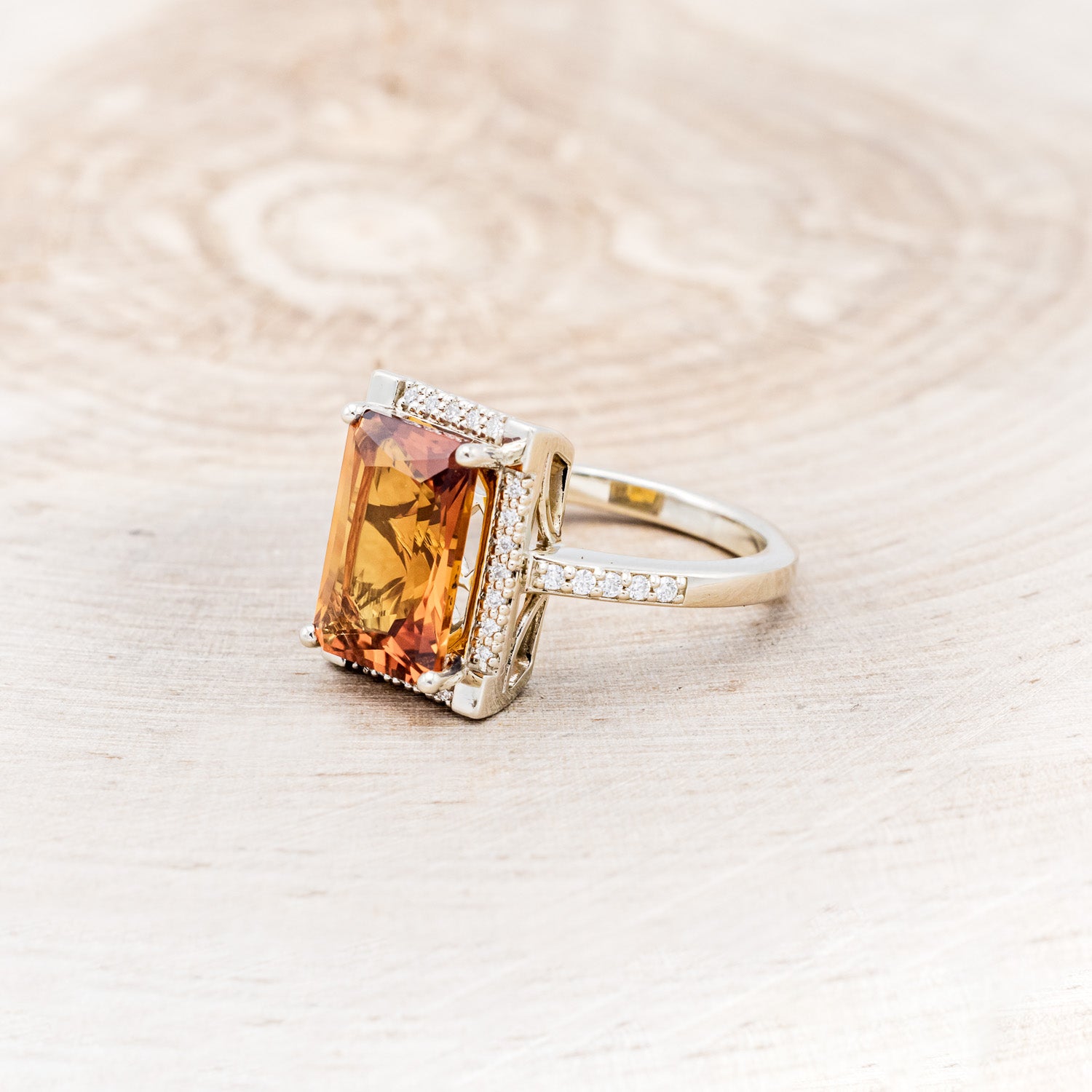 "SIENNA" - EMERALD CUT MADEIRA CITRINE ENGAGEMENT RING WITH DIAMOND HALO & ACCENTS-8