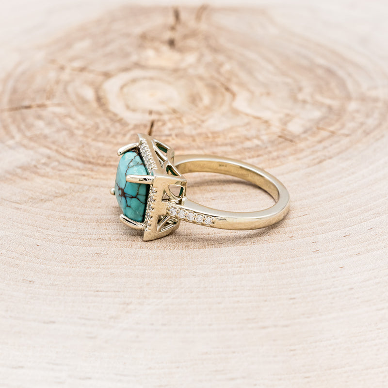 "SIENNA" - EMERALD CUT TURQUOISE ENGAGEMENT RING WITH DIAMOND HALO & ACCENTS