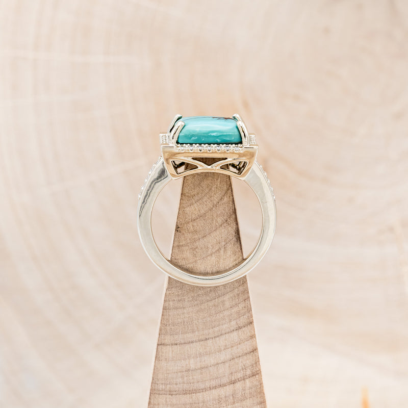 "SIENNA" - EMERALD CUT TURQUOISE ENGAGEMENT RING WITH DIAMOND HALO & ACCENTS