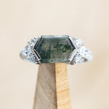 "SILVIA" - ELONGATED HEXAGON MOSS AGATE ENGAGEMENT RING WITH DIAMOND ACCENTS