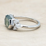 "SILVIA" - ELONGATED HEXAGON MOSS AGATE ENGAGEMENT RING WITH DIAMOND ACCENTS