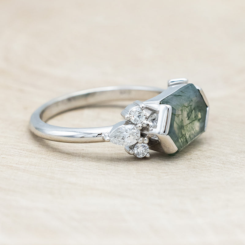 "SILVIA" - ELONGATED HEXAGON MOSS AGATE ENGAGEMENT RING WITH DIAMOND ACCENTS