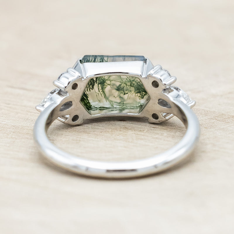 "SILVIA" - ELONGATED HEXAGON MOSS AGATE ENGAGEMENT RING WITH DIAMOND ACCENTS