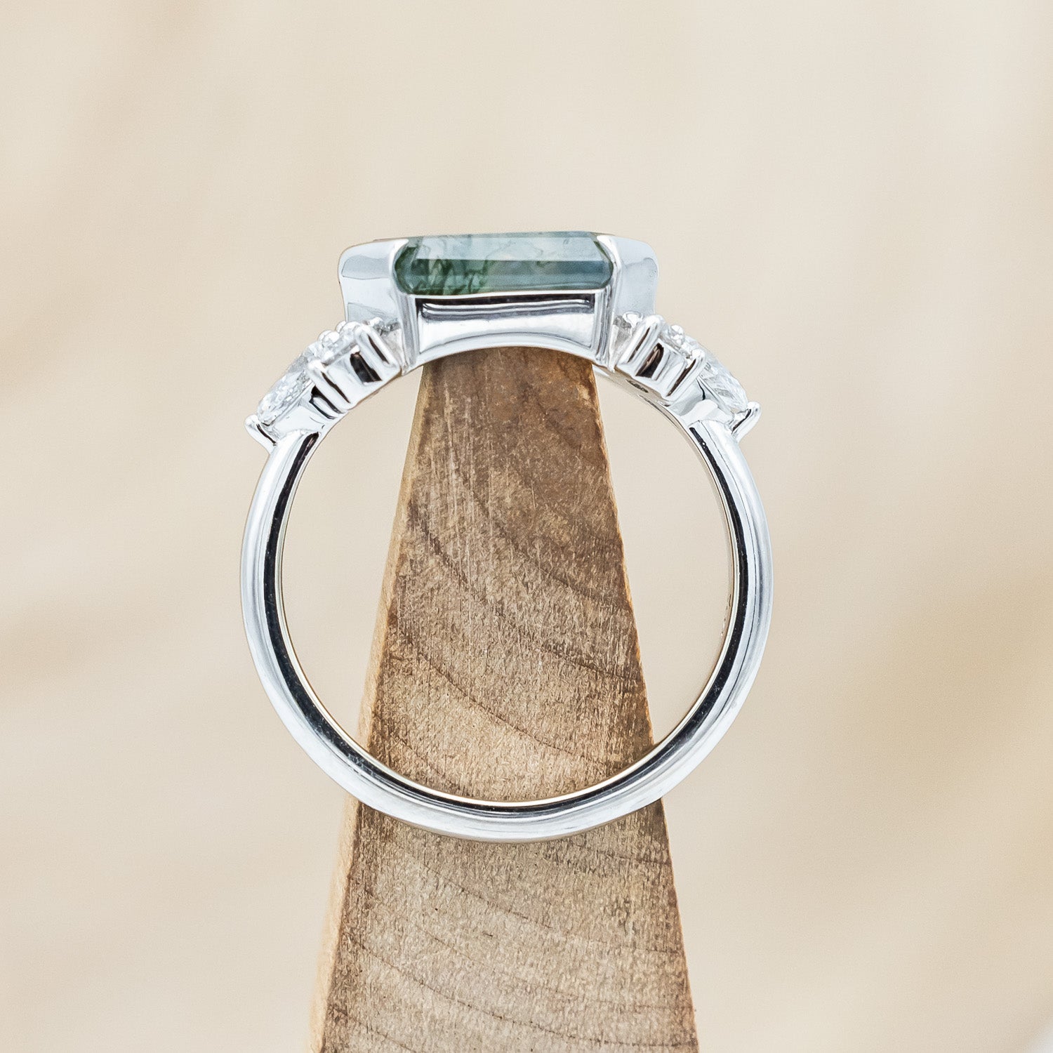 "SILVIA" - ELONGATED HEXAGON MOSS AGATE ENGAGEMENT RING WITH DIAMOND ACCENTS-Staghead Designs